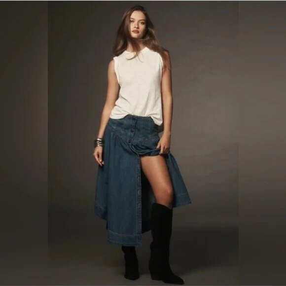 NWT  Anthropologie Pilcro Pleated Basque-Waist Denim Midi Skirt Size 10P Petite - Picture 2 of 12